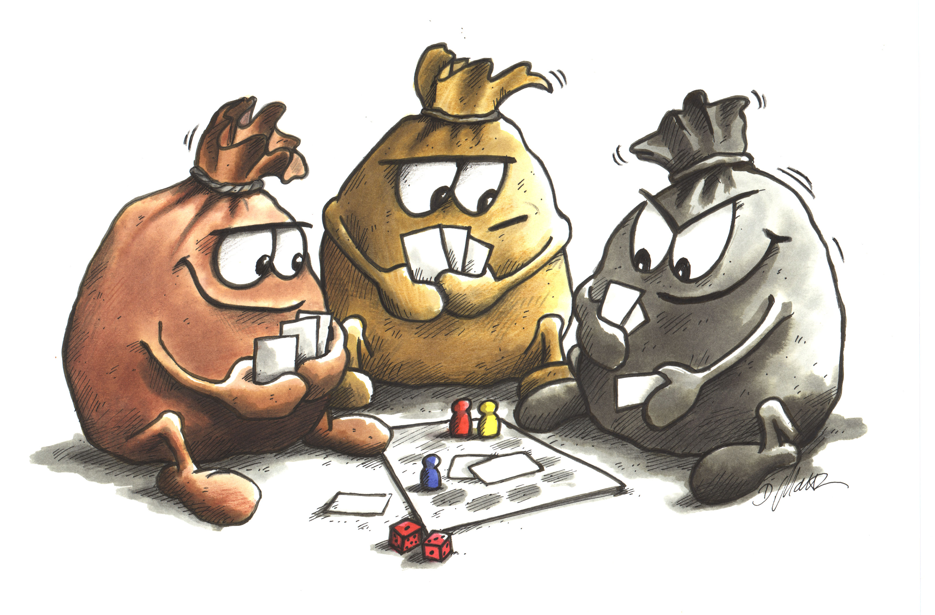 Illustration von Doris Mattäus: drei Pfeffersäcke spielen Siedler